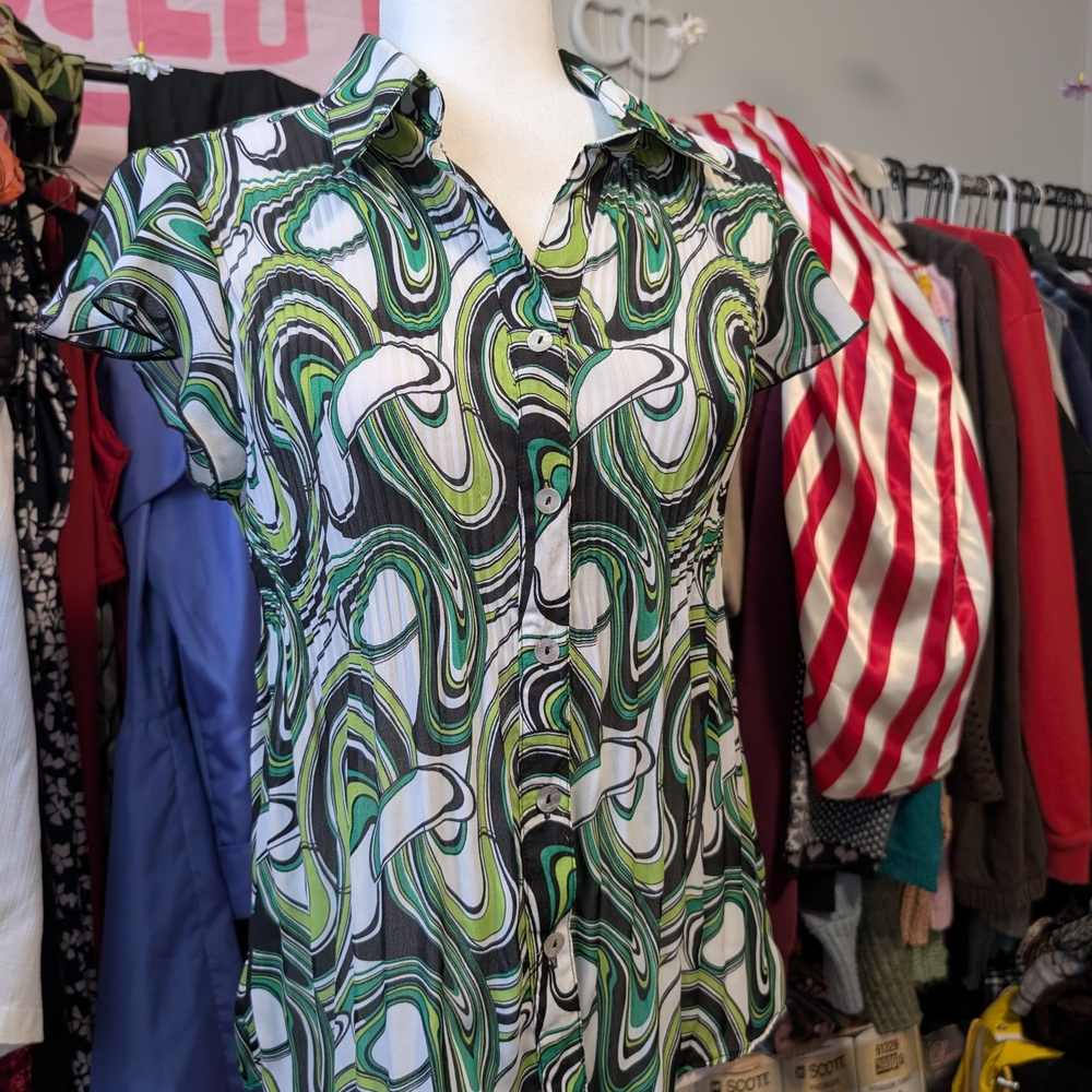 Green and Black Swirl Pattern Blouse